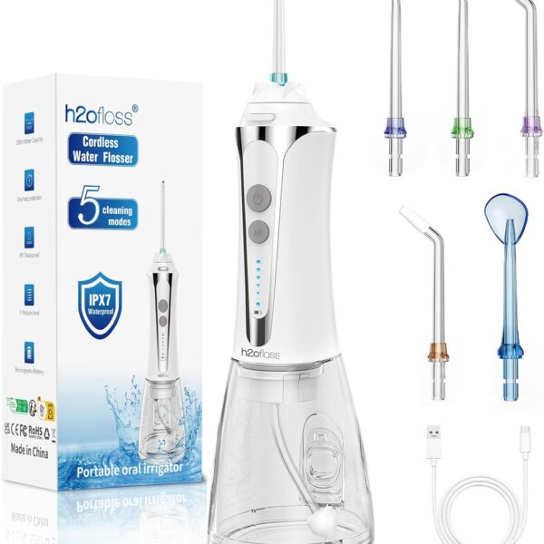 H2ofloss Portable Oral Irrigator, Dental Irrigator with 4 Nozzles 5 Modes 300 ml, USB Rechargeable IPX7 Waterproof Oral Irrigators, Family and Travel