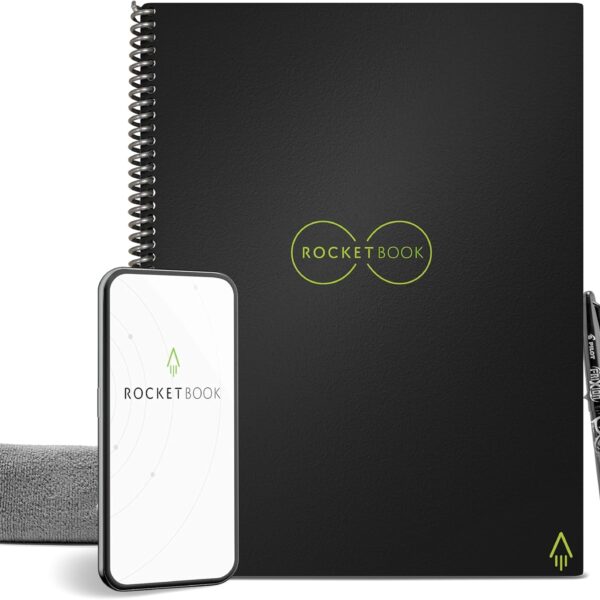 Rocketbook Core Reusable Spiral Notebook, Letter Size 8.5x11, Black - Dotted Pages, App-Connected, Erasable, Durable Cover, Ideal for School, Work, and Creative Projects